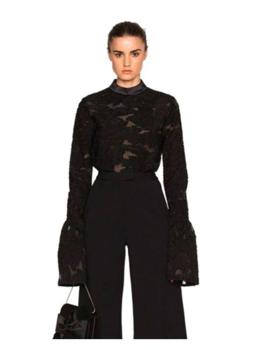 Self-Portrait Lace Jacquard Mesh Bell Sleeve Top Blouse Black 4